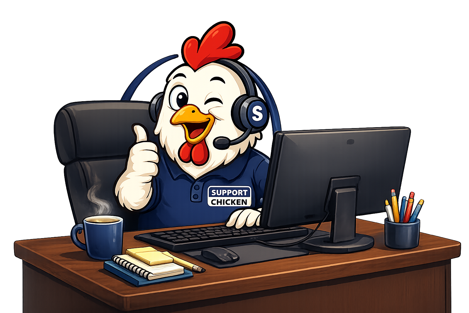 Support Chicken mascot at a desk with headset, coffee, and monitor